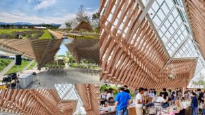 Cabañas sostenibles en las tierras de cultivo de arroz, fusionando tradición y naturaleza bajo la silueta de la Cordillera de Tateyama.