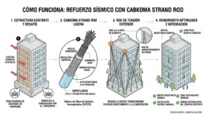 Infografía técnica del sistema de refuerzo sísmico con fibra de carbono CABKOMA Strand Rod en fachada